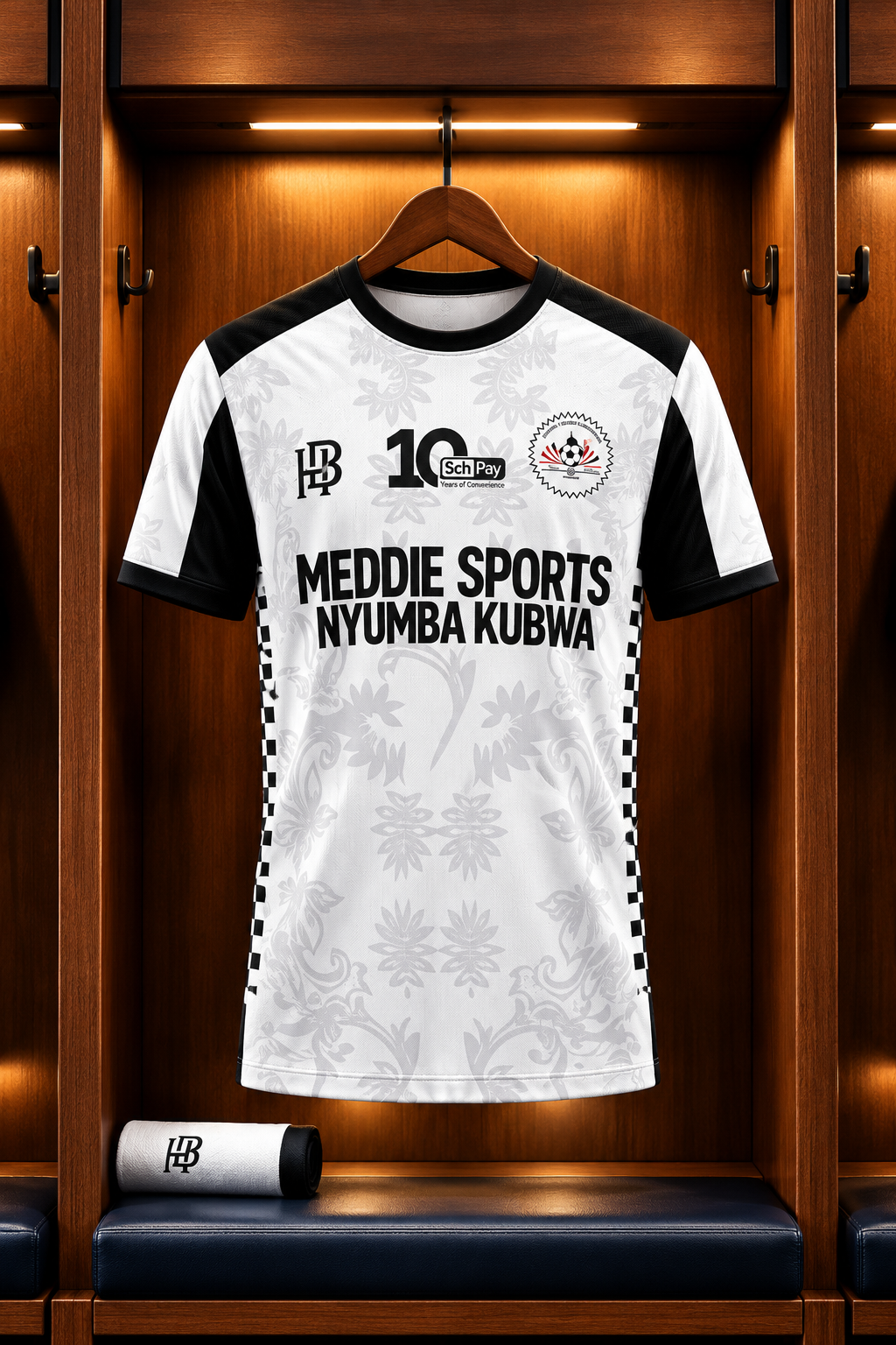 CATDA FC Players' Edition jersey in white and black with the Meddie Sports Nyumba Kubwa front print, hanging in a locker