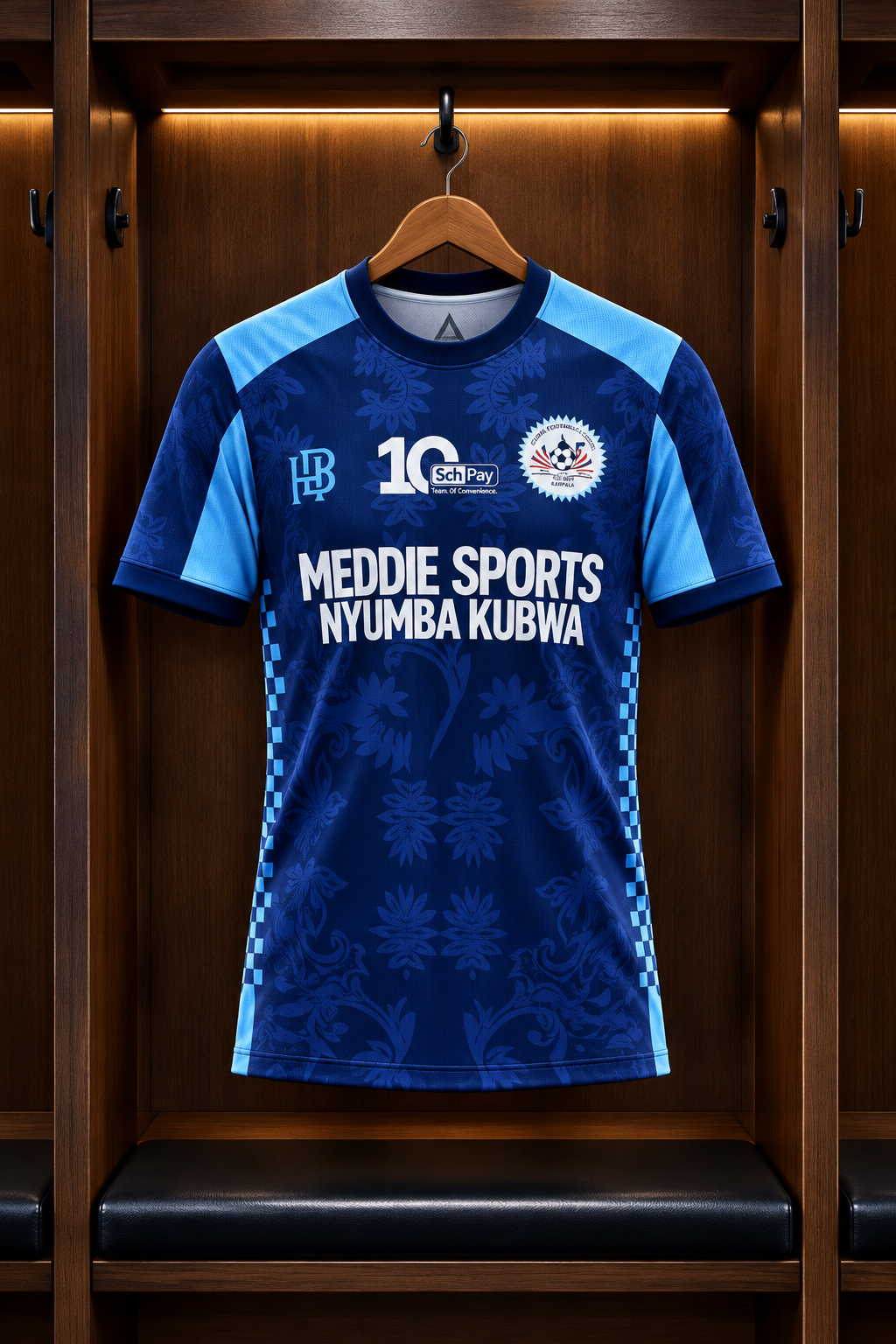 CATDA FC Players' Edition jersey in royal blue with the Meddie Sports Nyumba Kubwa front print, hanging in a locker