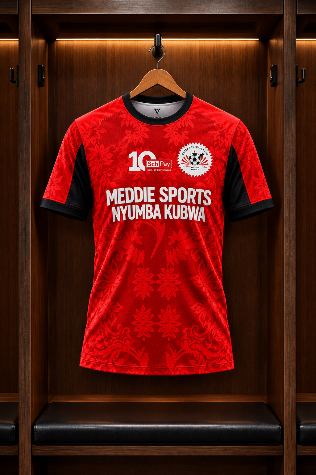 CATDA FC Players' Edition jersey in red and black with the Meddie Sports Nyumba Kubwa front print, hanging in a locker