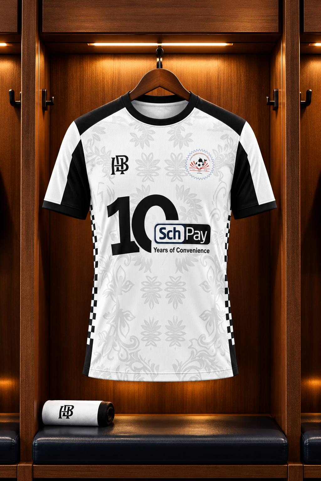 CATDA FC Special Edition third jersey in white and black with the number 10 and SchPay front print, hanging in a locker