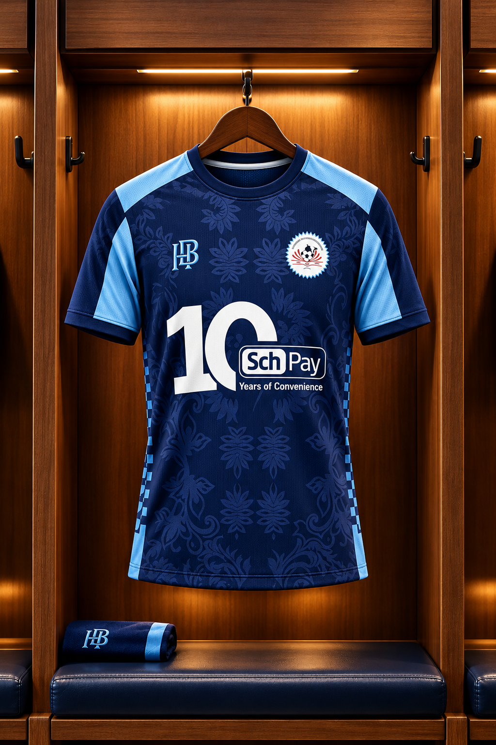 CATDA FC Special Edition home jersey in royal blue with the number 10 and SchPay front print, hanging in a locker